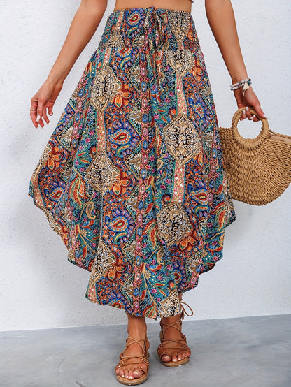 Multicolor bohemian paisley maxi skirt with asymmetric flowy hem and elastic waist