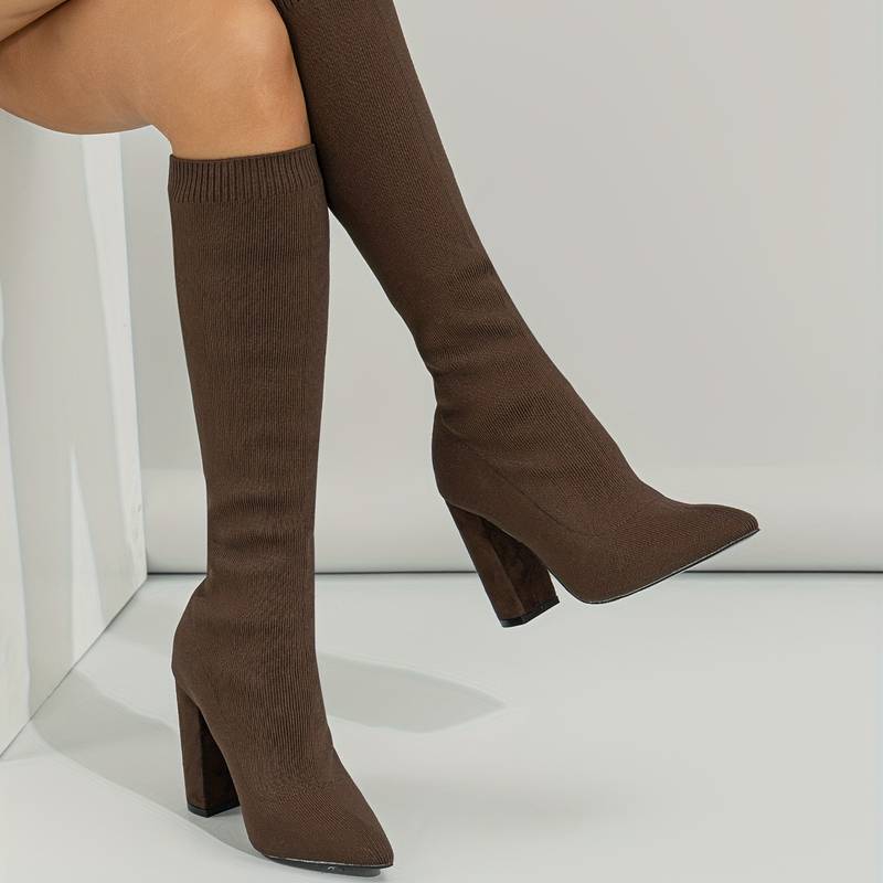 Women's knitted sock boots in neutral tone, sleek ankle silhouette with sturdy block heel