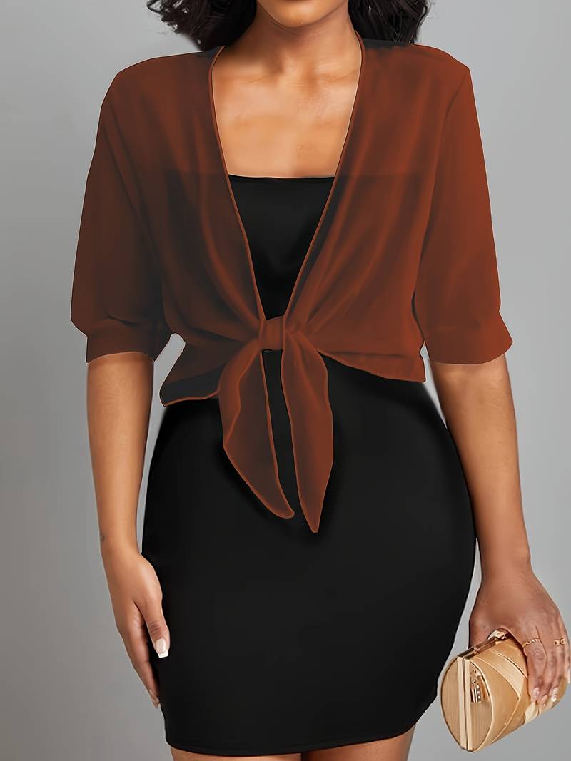Women's sheer ivory tie-front cardigan open cover-up with self-tie waist, lightweight spring layer