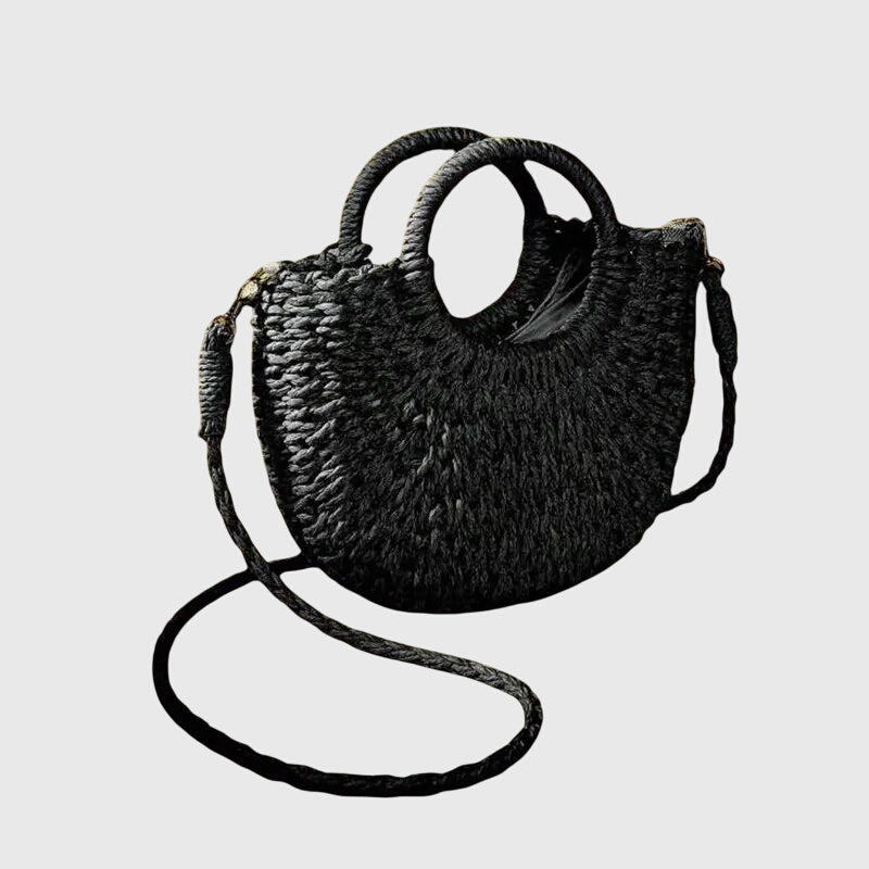 Natural braided handbag with circular handles, lightweight summer style and woven texture
