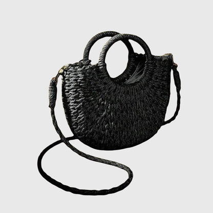 Natural braided handbag with circular handles, lightweight summer style and woven texture