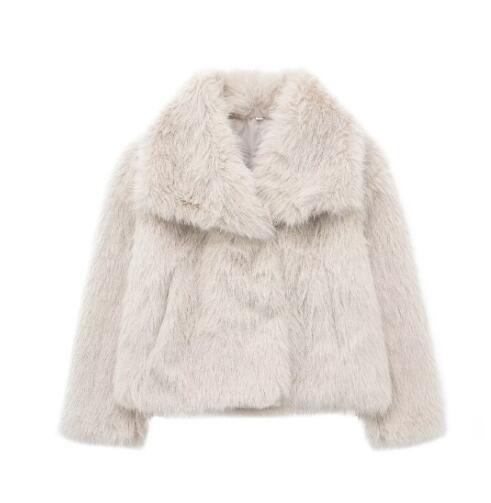 Unisex faux fur winter coat with plush lining in neutral tone, elegant oversized silhouette