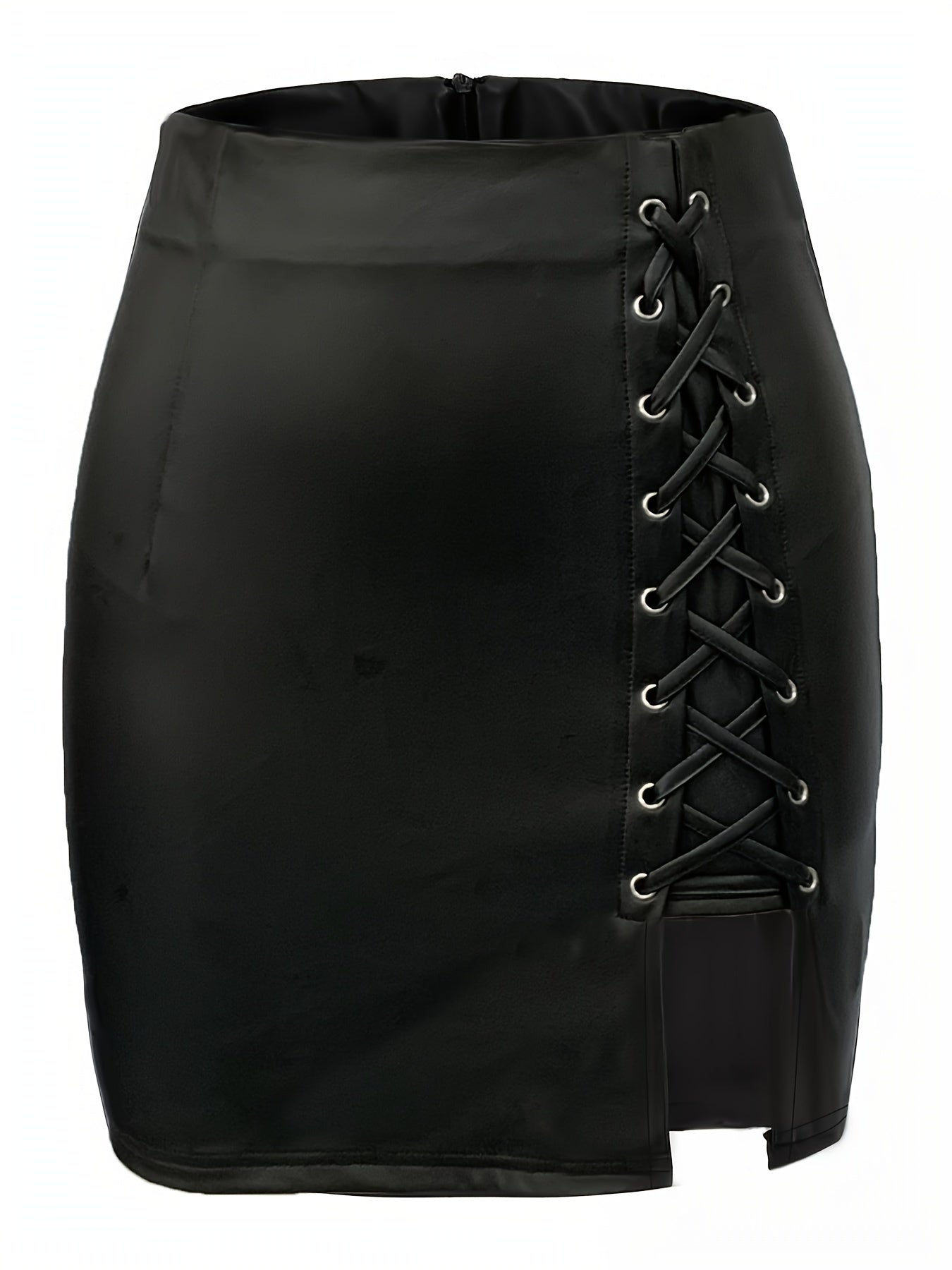 Black high-waist leather look mini skirt with lace-up detail and front slit design