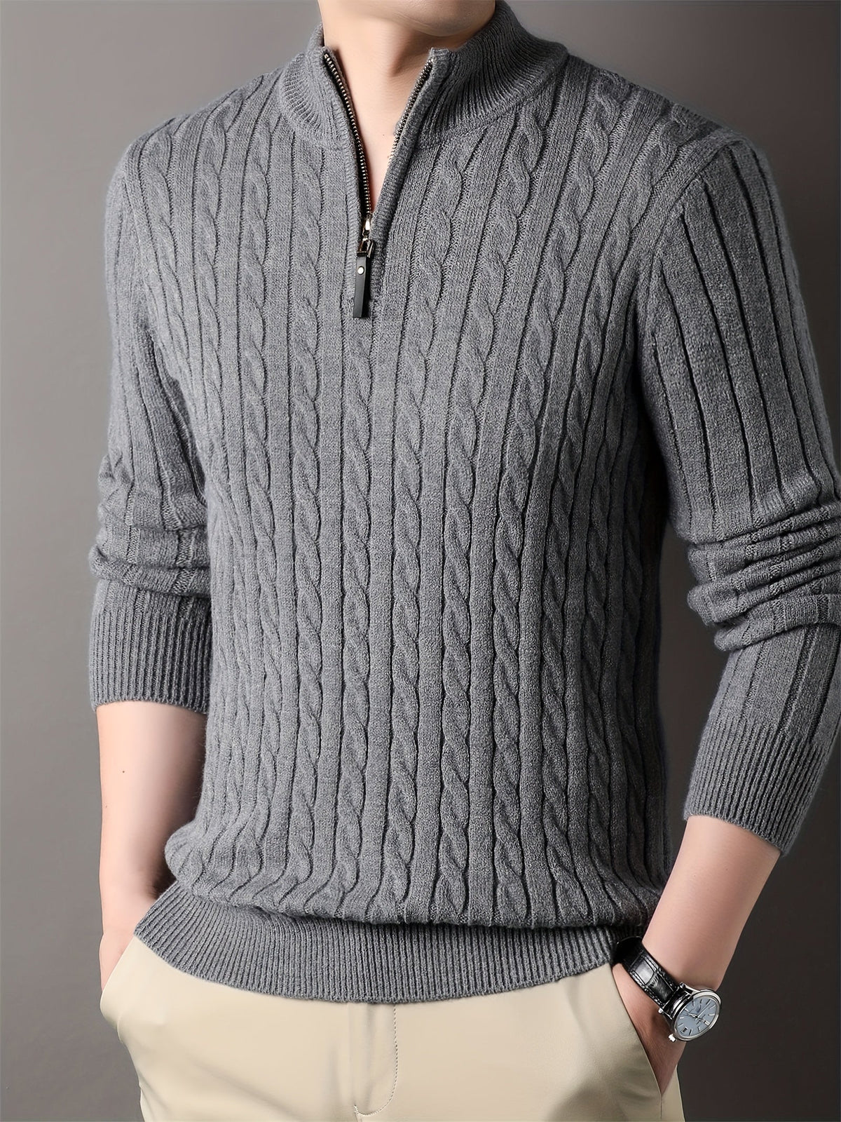 Men's ribbed cable knit half-zip winter sweater in neutral tone with structured texture
