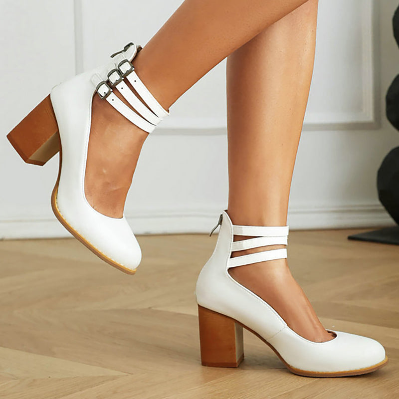 Smooth beige block heel sandals with ankle strap, minimal clean-line design for modern elegance