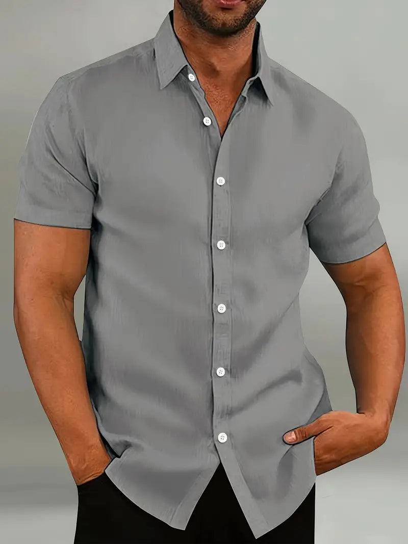 Light blue men's slim fit short sleeve shirt with classic collar and button closure