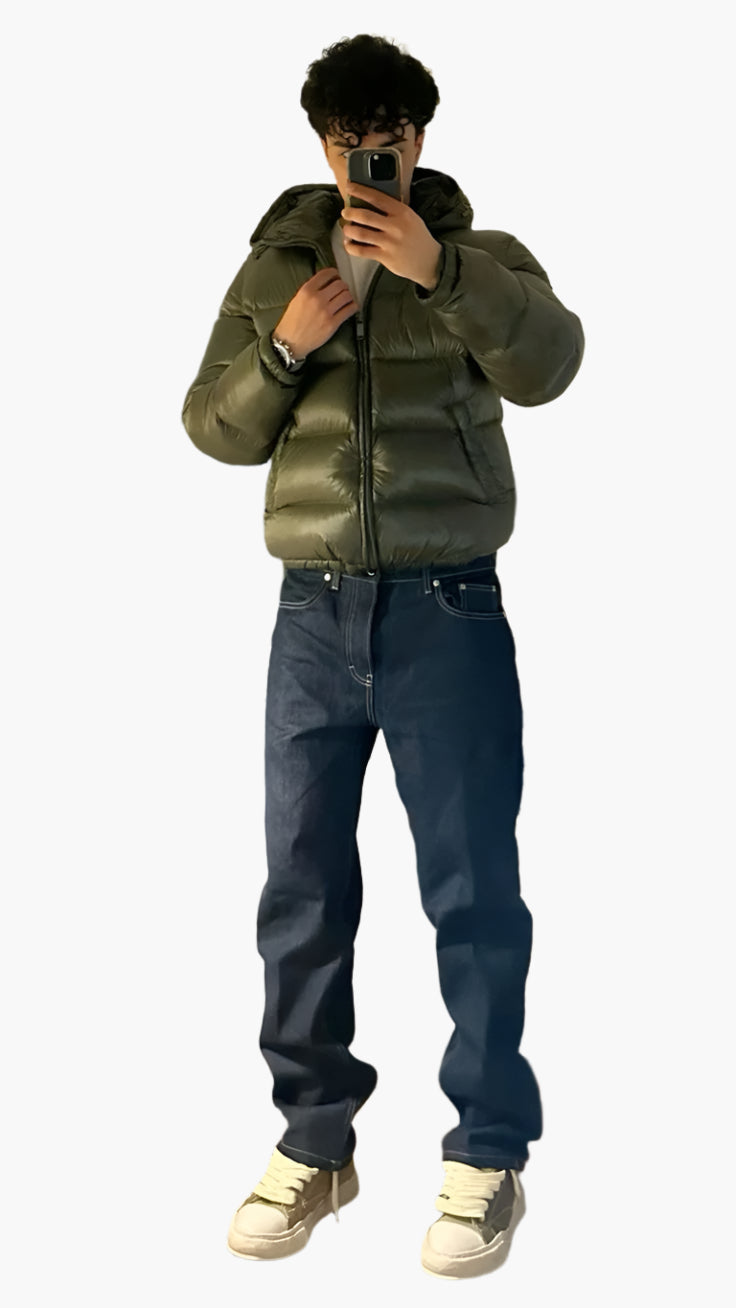 Men's shiny black hooded puffer jacket with glossy high-shine exterior and insulated slim fit