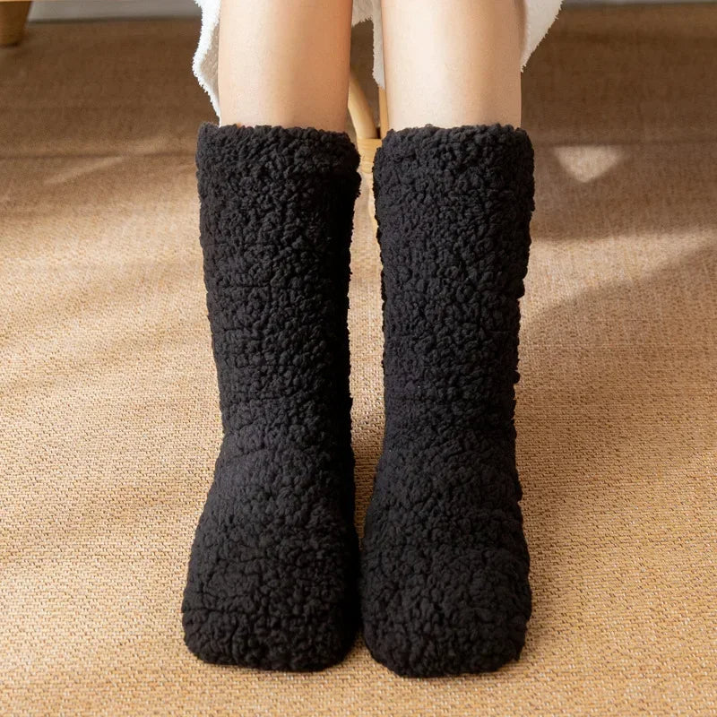 Women's solid mid-calf plush fleece slipper socks relaxed fit with cushioned interior