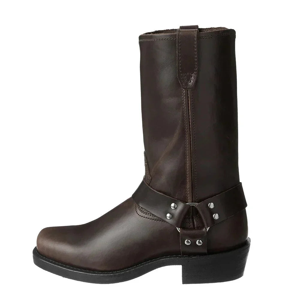 Men's brown leather western cowboy boots classic silhouette with vegan leather finish for everyday wear