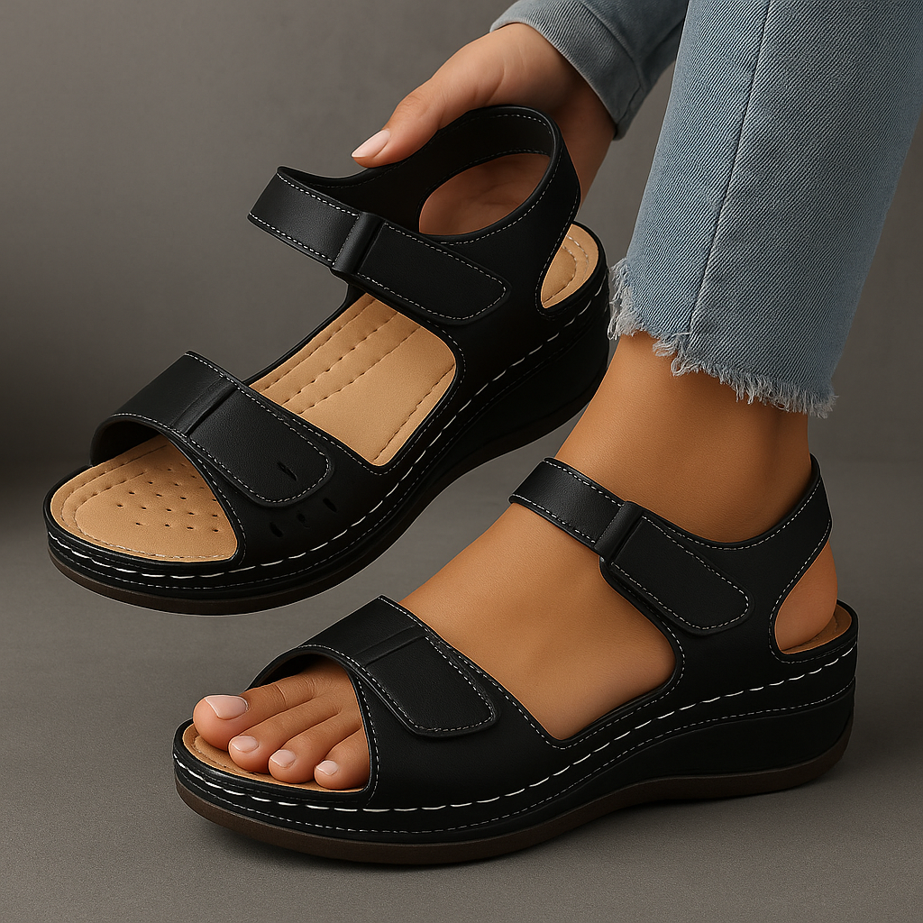 Women's comfort wedge sandals in neutral tone with cushioned footbed and elegant ankle strap
