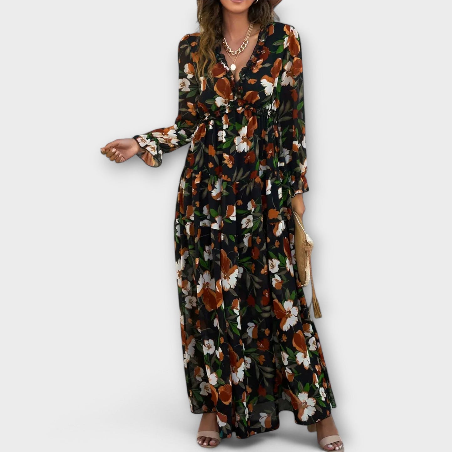 Floral V-neck maxi dress in romantic print, flowing silhouette with flattering fit for garden parties