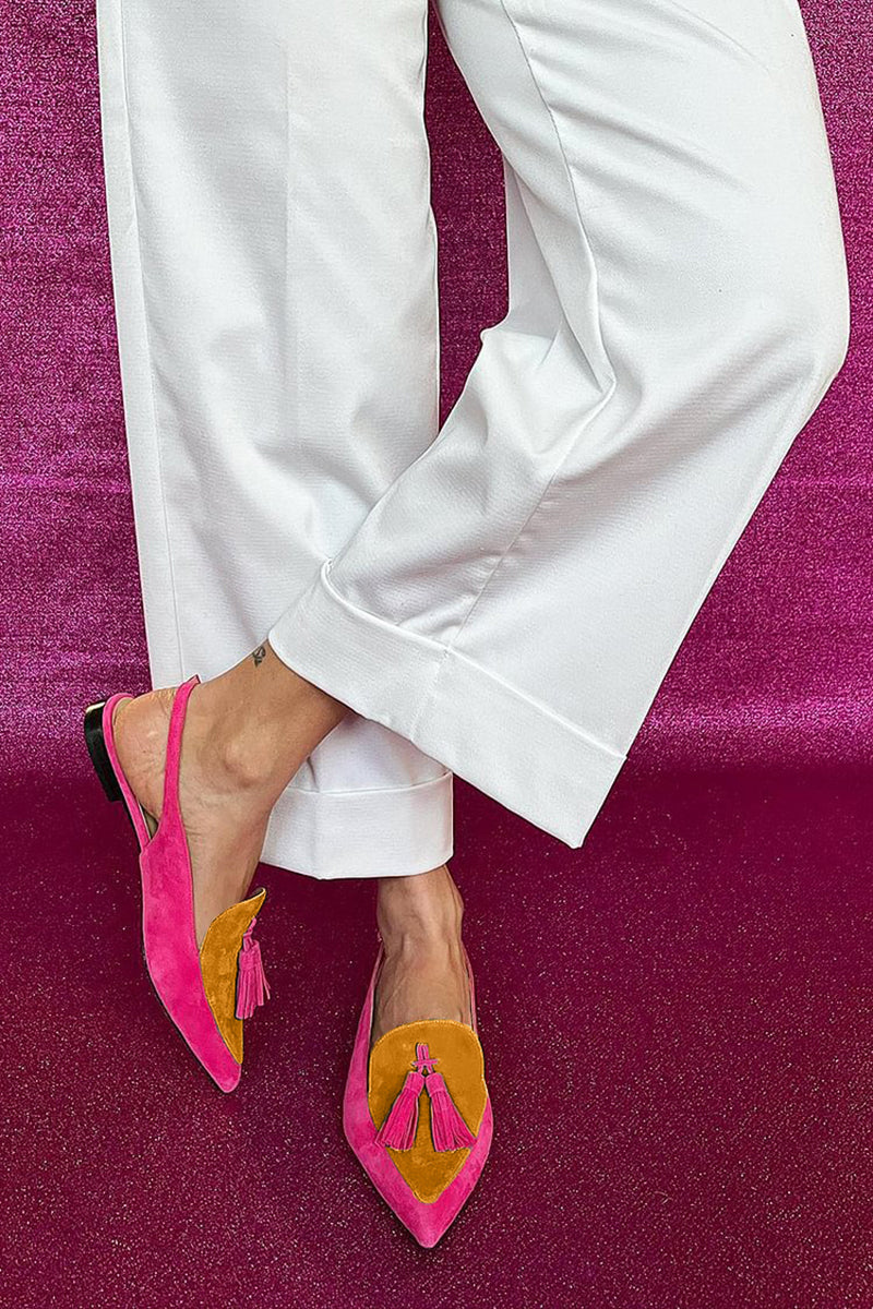 Colorful ballet flats with vibrant fringes and decorative ankle strap for bold women's fashion