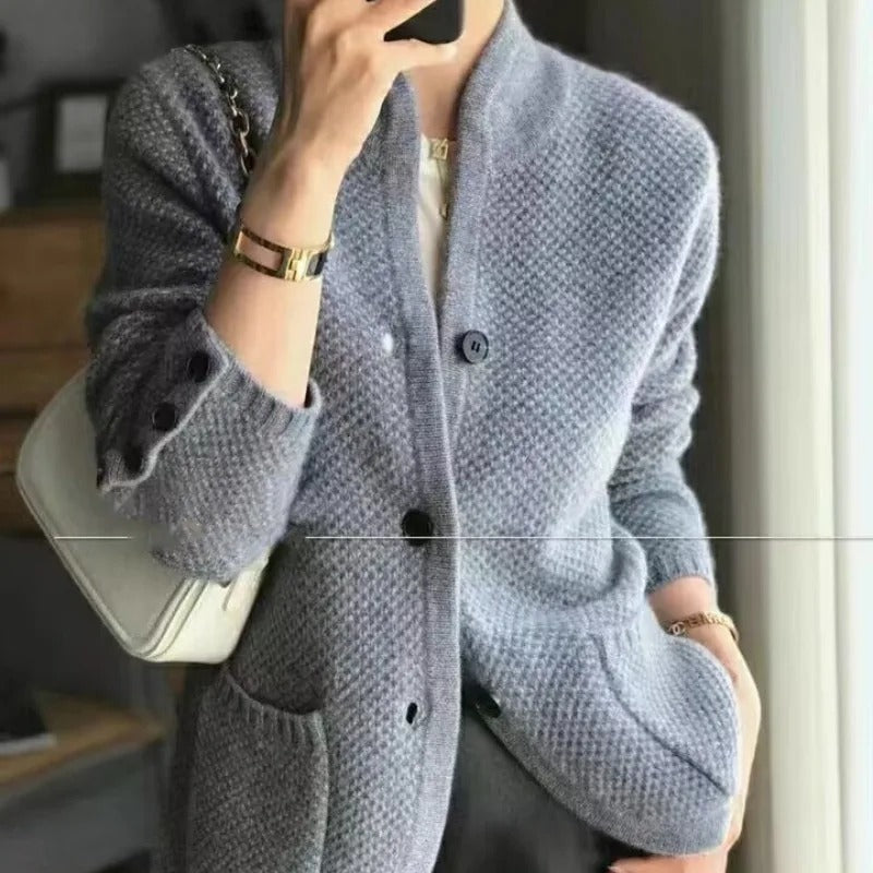 Women's cozy knit cardigan button-front open pockets relaxed fit everyday warmth neutral tone