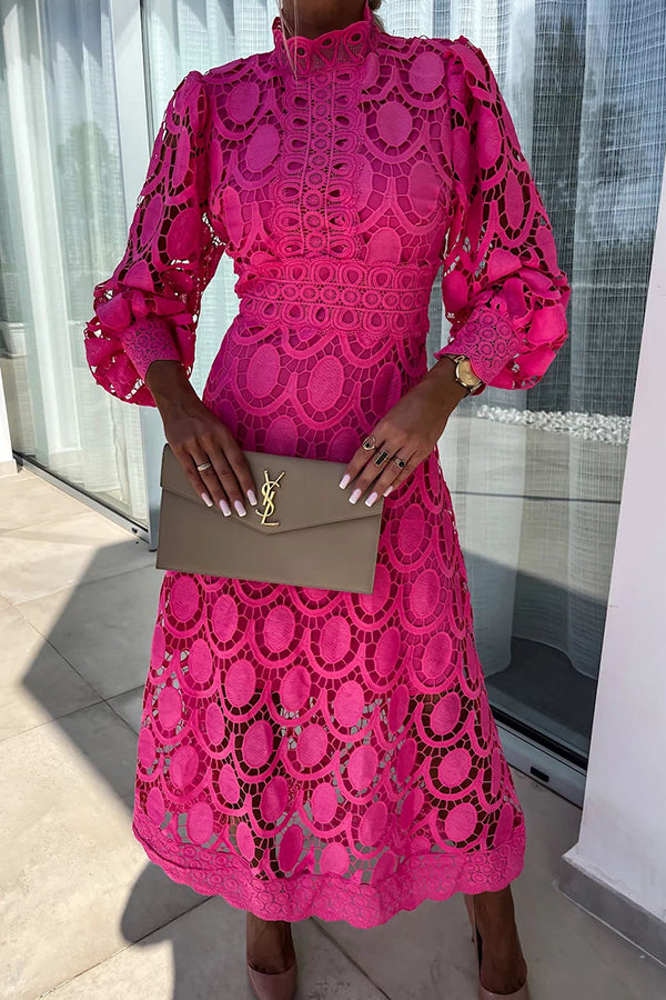 Women's ivory lace midi dress A-line silhouette long sleeves elegant romantic detailing