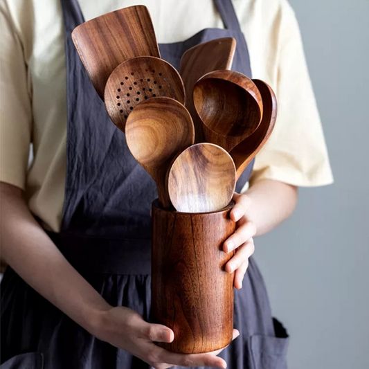 Teak Utensil Set With Smooth Finish and Sturdy Design - Wavlynn