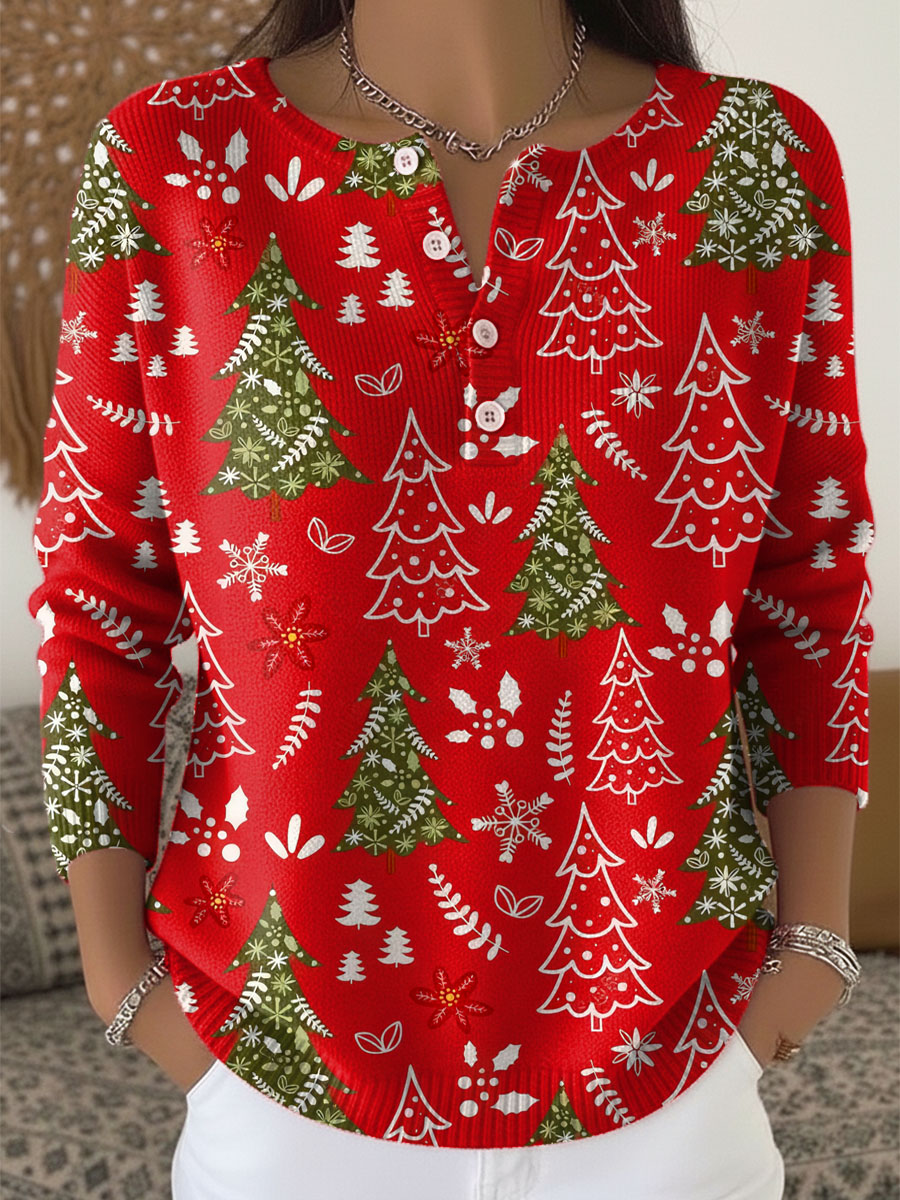Red Raegan Christmas sweater with button front closure, cozy festive knit holiday style