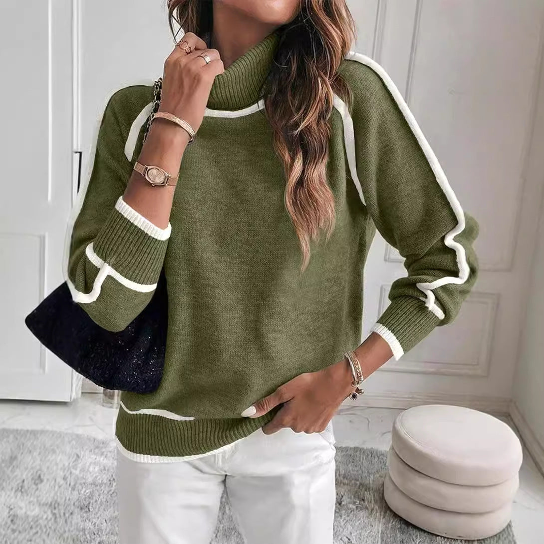 Unisex beige knit turtleneck sweater with black contrast trim, cozy minimalist pullover