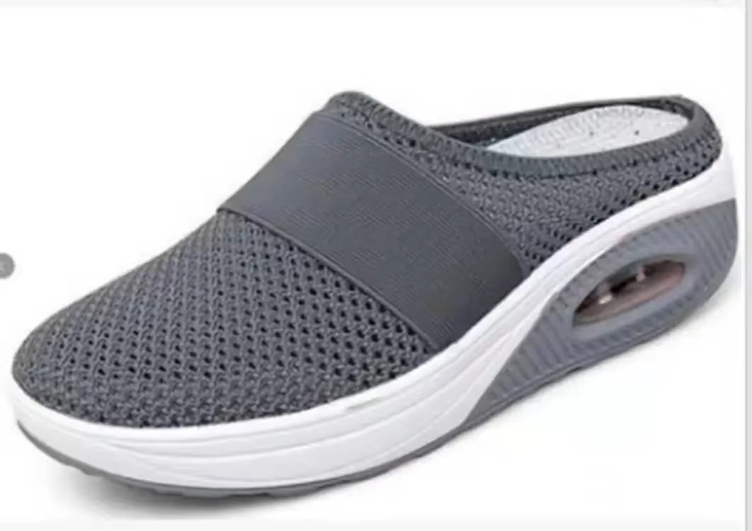 Women's gray mesh slip-on platform mules with air cushion sole, lightweight comfort walking shoes
