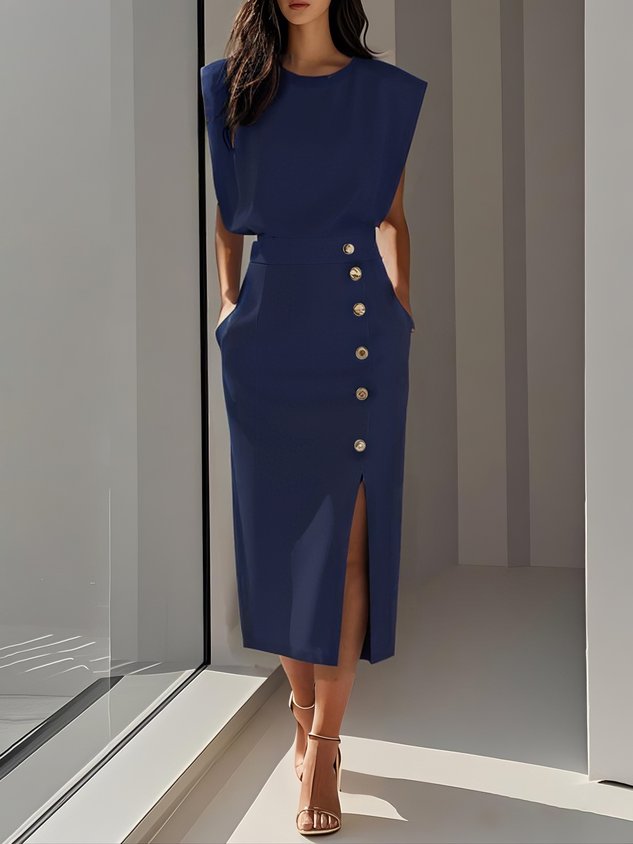 Elegant midi dress round neckline button slit detail flattering feminine silhouette effortless charm style