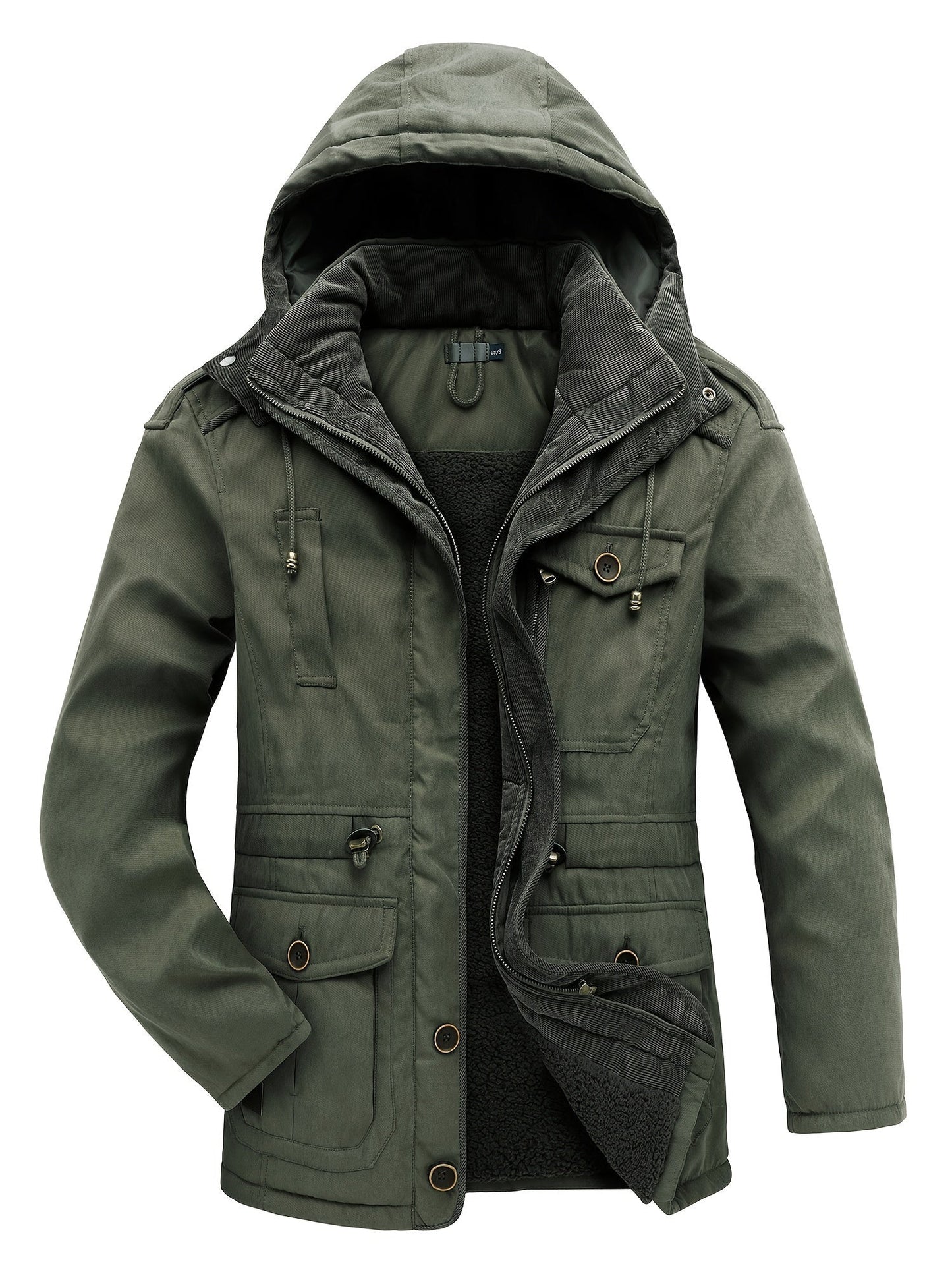 Men's insulated hooded utility jacket thick padded winter coat with multiple pockets rugged style