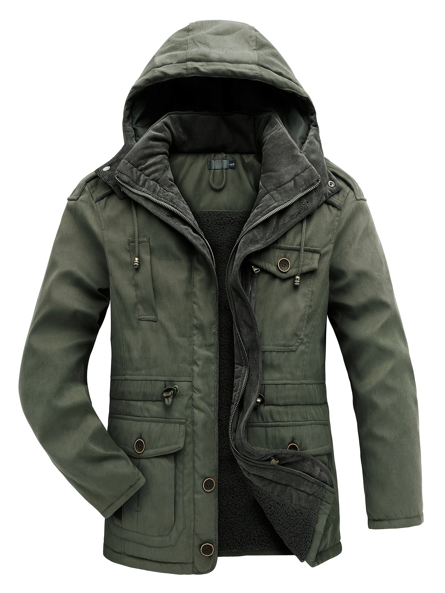 Men's insulated hooded utility jacket thick padded winter coat with multiple pockets rugged style