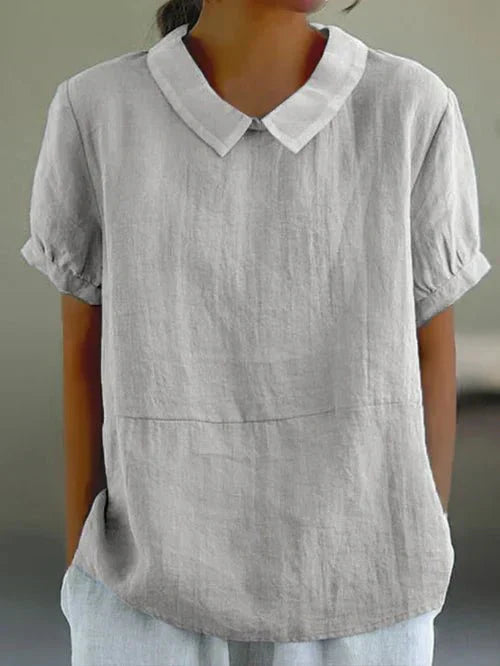 Sky blue linen-look casual top with contrast white Peter Pan collar and cuffed short sleeves