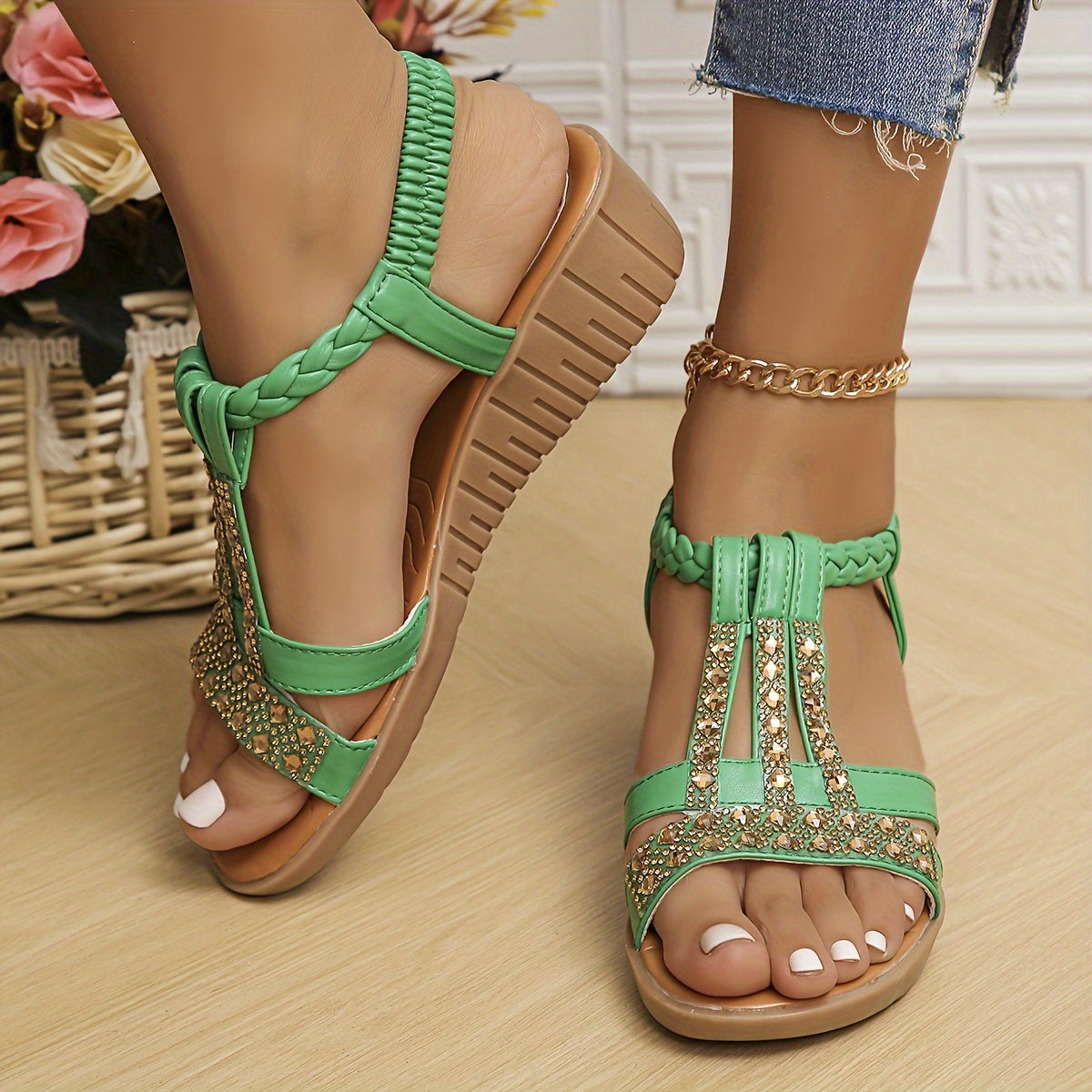Women's rhinestone woven sandals with braided straps and shimmering crystal embellishments for glamour