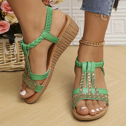 Women's rhinestone woven sandals with braided straps and shimmering crystal embellishments for glamour