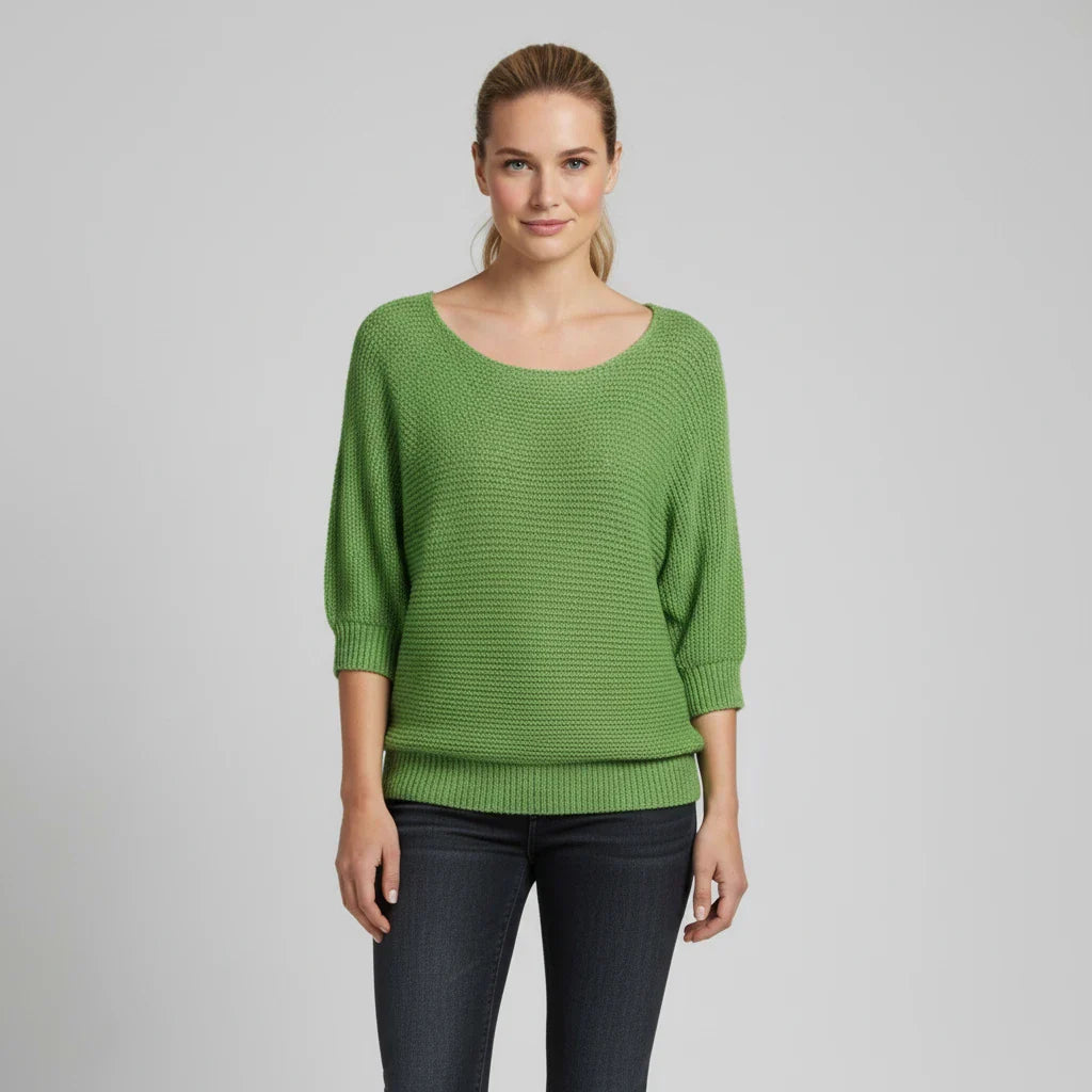 Women's cream knit sweater scoop neck drop shoulder relaxed fit three-quarter sleeves layering style