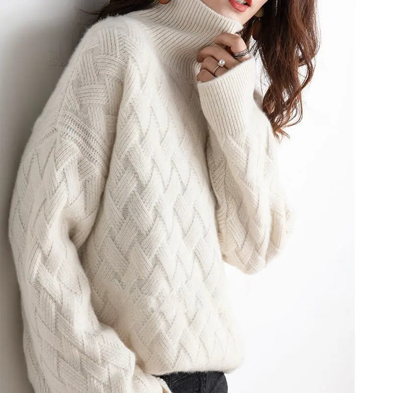 Ivory relaxed-fit turtleneck sweater with ribbed collar and classic elegant knit design