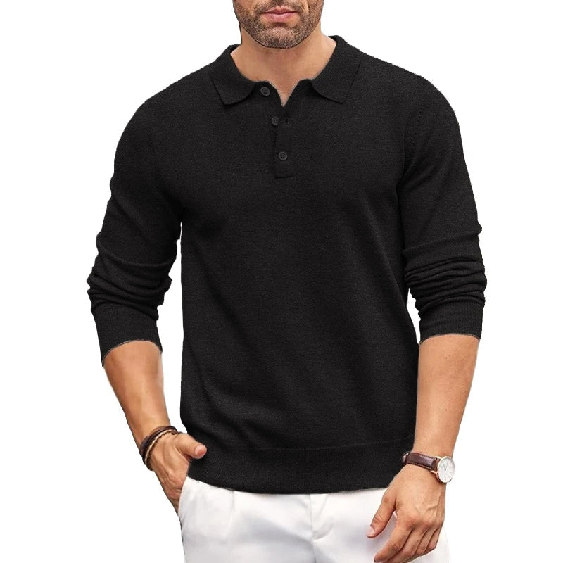 Men's slim fit polo collar knit sweater soft elastic fabric casual layering style