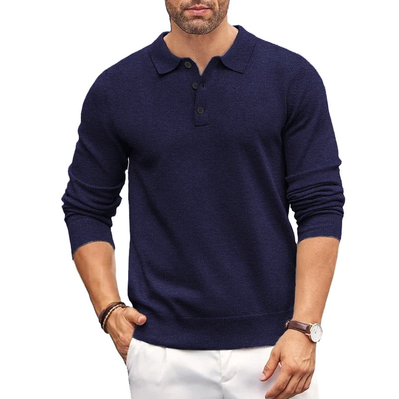 Men's slim fit polo collar knit sweater soft elastic fabric casual layering style