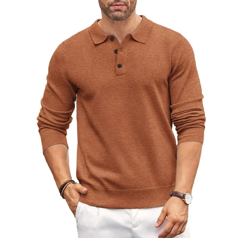 Men's slim fit polo collar knit sweater soft elastic fabric casual layering style