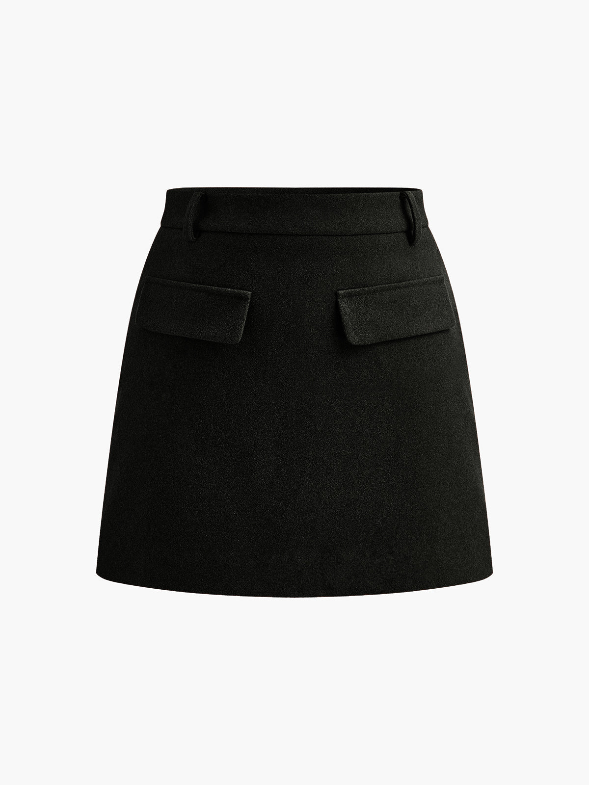 Elegant black mini skirt mid-waist structured polyester woven fabric polished silhouette