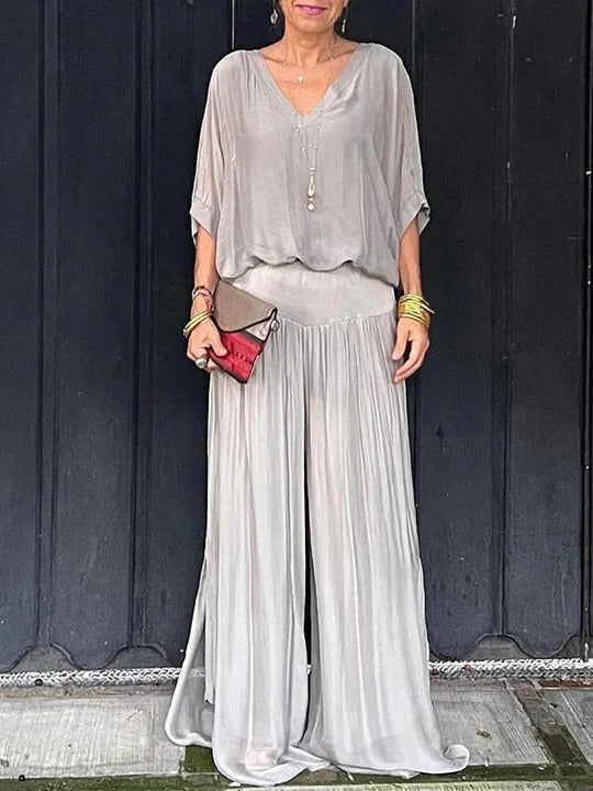Women's elegant two-piece wide-leg chiffon pants set, fluid drape refined silhouette