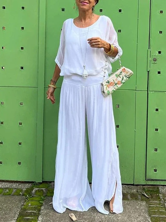 Women's elegant two-piece wide-leg chiffon pants set with fluid drape and refined silhouette