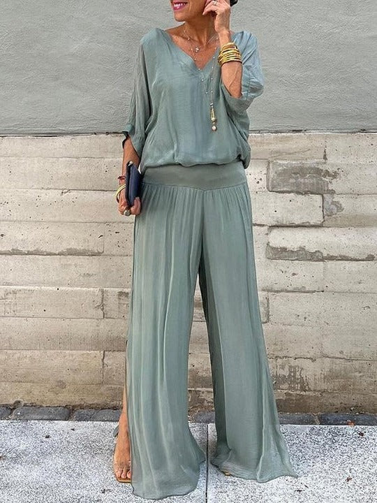 Women's elegant two-piece wide-leg chiffon pants set with fluid drape and refined silhouette