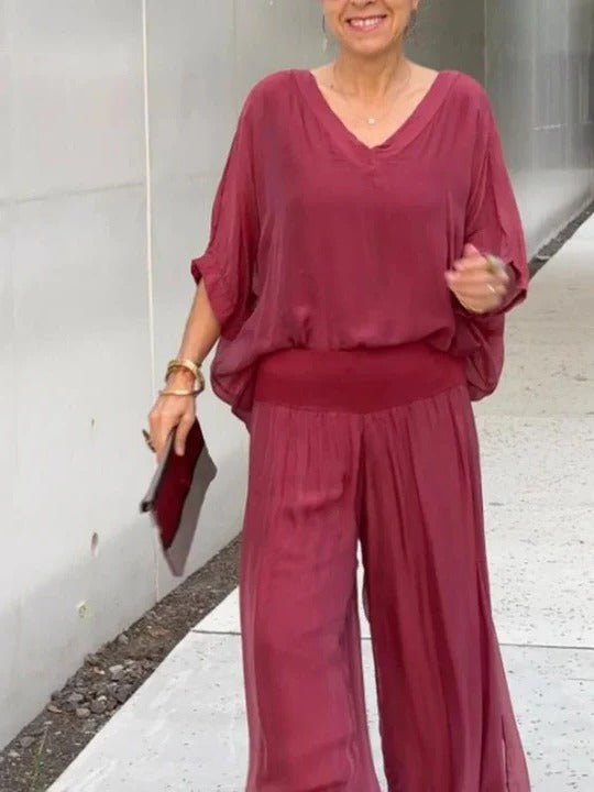 Women's elegant two-piece wide-leg chiffon pants set with fluid drape and refined silhouette
