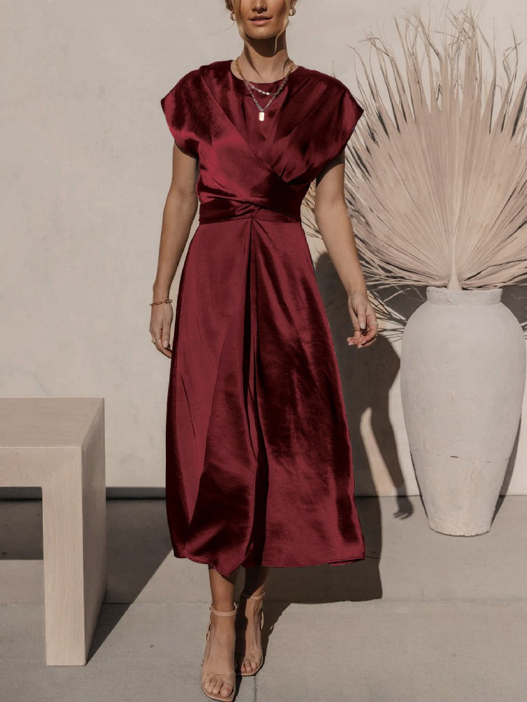 Women's midi dress in elegant A-line wrap design with V-neck neckline, Nordic-inspired silhouette