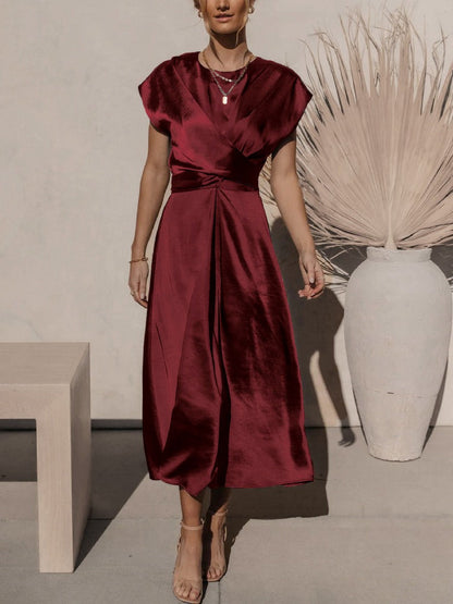 Women's midi dress in elegant A-line wrap design with V-neck neckline, Nordic-inspired silhouette