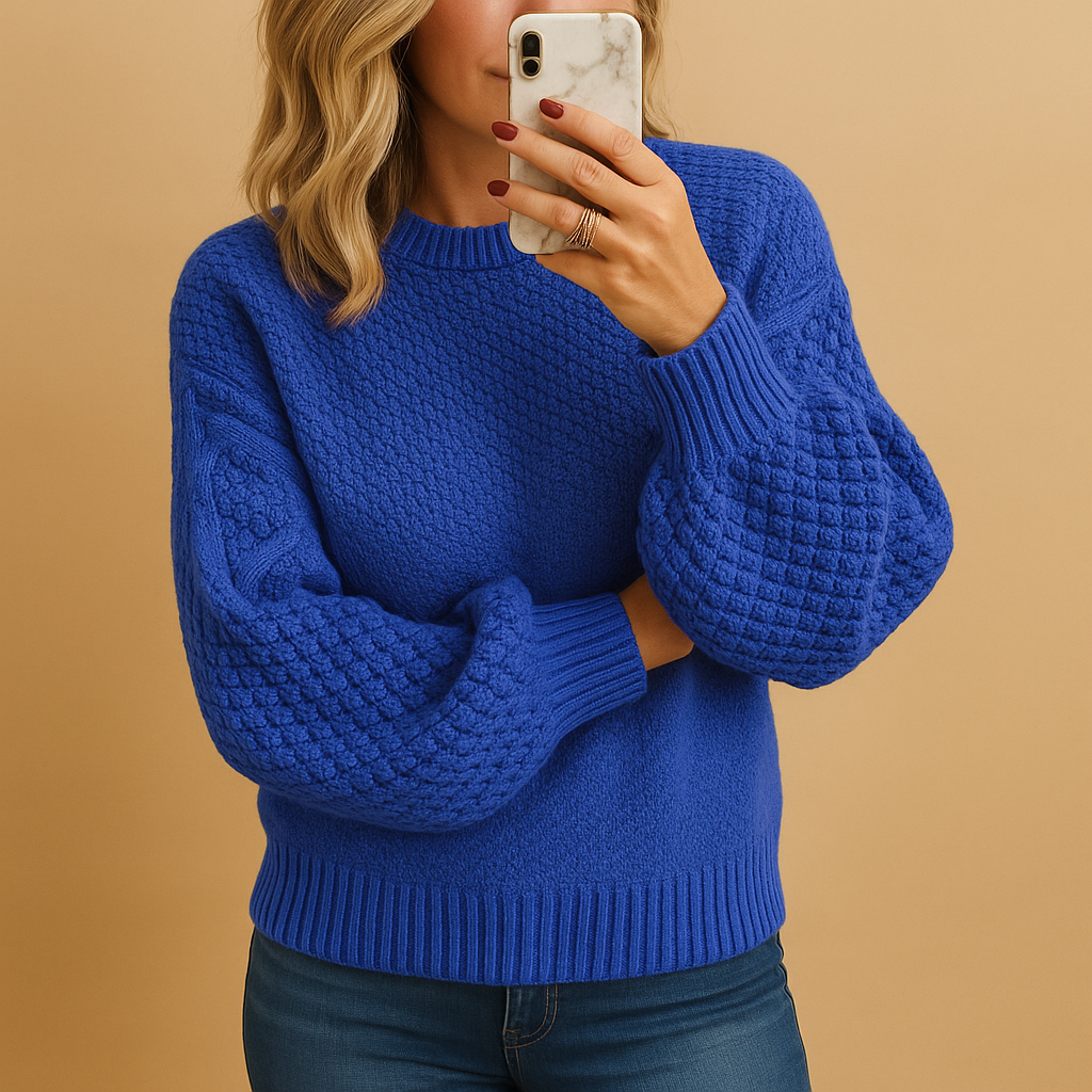 Women's cozy textured knit sweater in neutral tone, relaxed everyday fit with dimensional stitch pattern