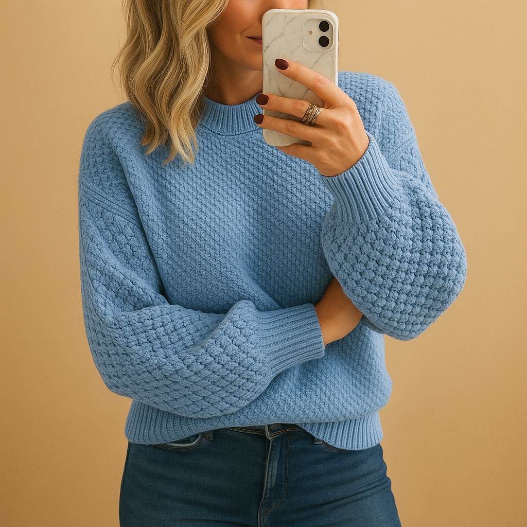 Women's cozy textured knit sweater in neutral tones, relaxed fit with dimensional stitch pattern
