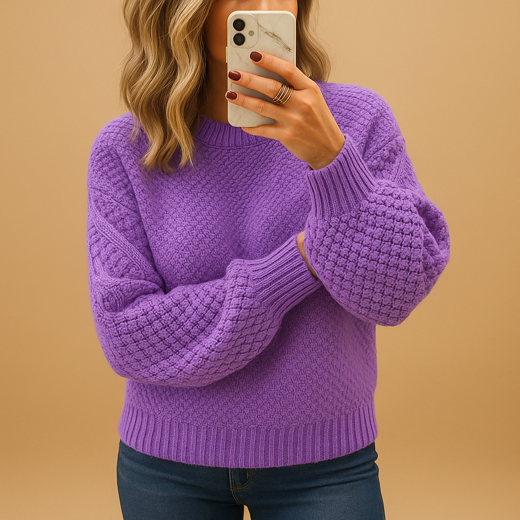 Women's cozy textured knit sweater in neutral tones, relaxed everyday fit with dimensional stitch pattern
