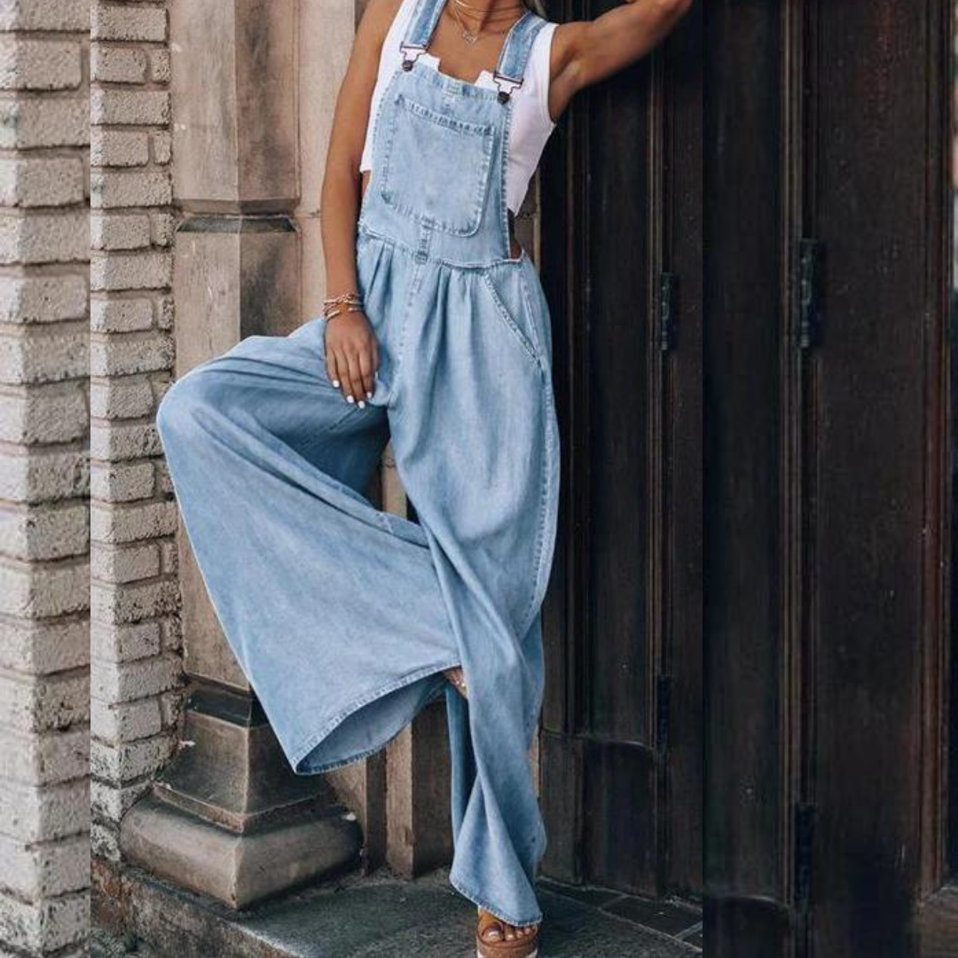 Women's relaxed wide-leg denim jumpsuit high-waist silhouette with adjustable straps effortless style
