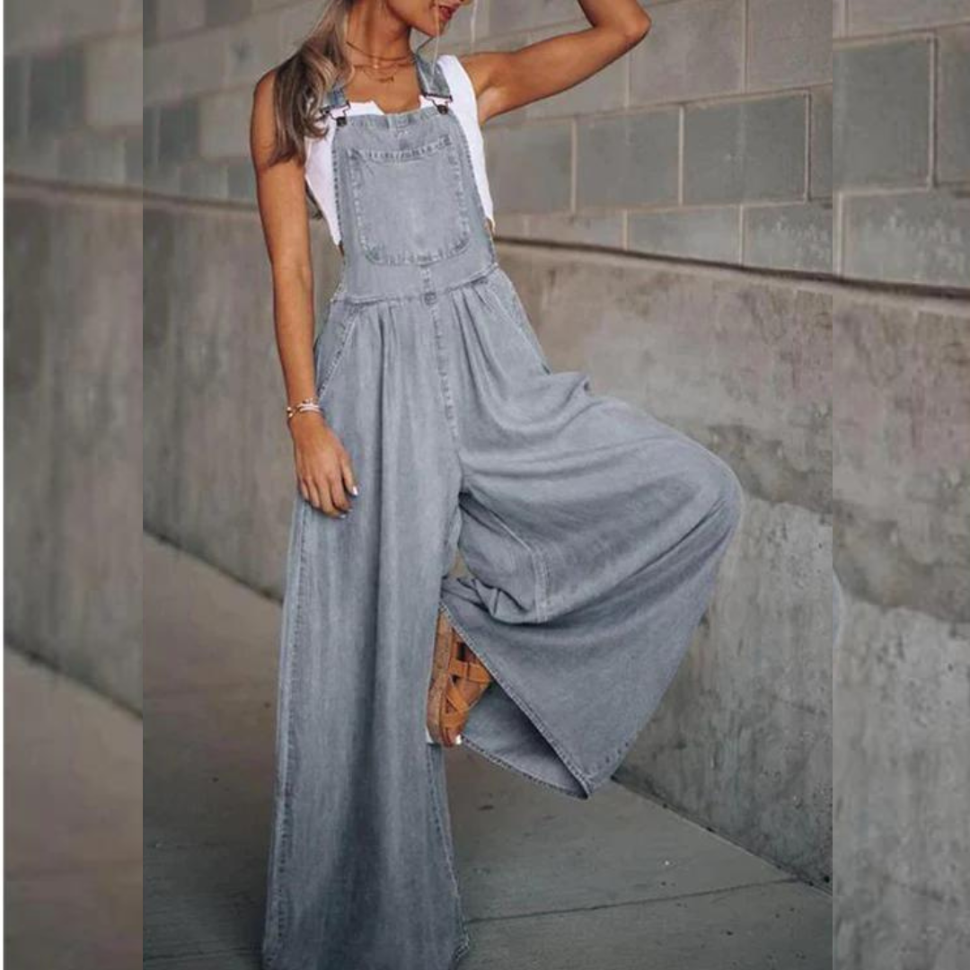 Women's relaxed wide-leg denim jumpsuit high-waist silhouette with adjustable straps