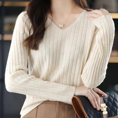 Women's cozy soft knit V-neck sweater long sleeves flattering fit office casual versatile winter style