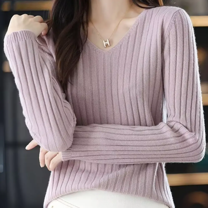Women's soft knit V-neck sweater cozy long sleeve versatile office casual winter pullover