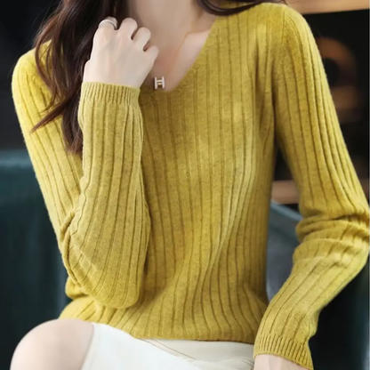 Women's soft knit V-neck sweater in cozy fit, long sleeves, versatile office-to-casual winter style