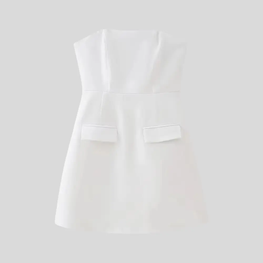 Black strapless mini dress tailored silhouette straight neckline structured bodice evening style