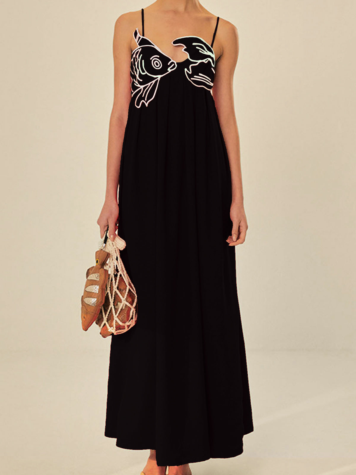 Women's embroidered spaghetti strap maxi shift dress with artisan graphic bust detail